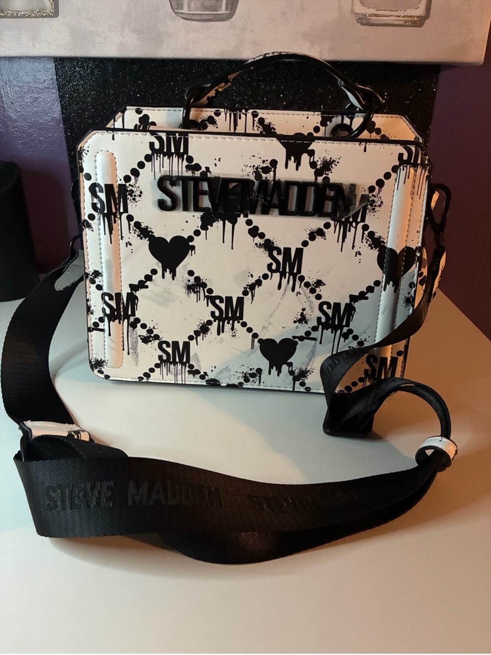 Steve Madden Black & White Graphic Box Crossbody Bag